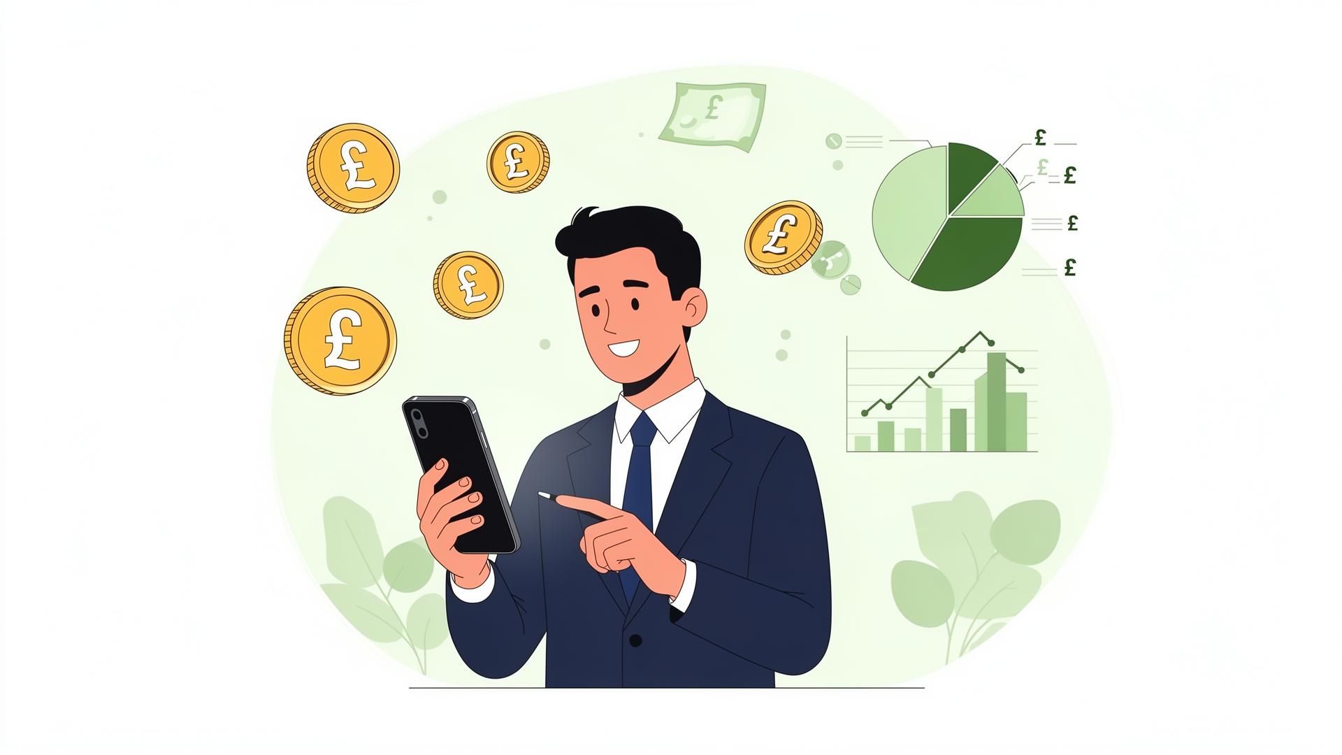 British person managing budget on smartphone with pound signs and financial charts